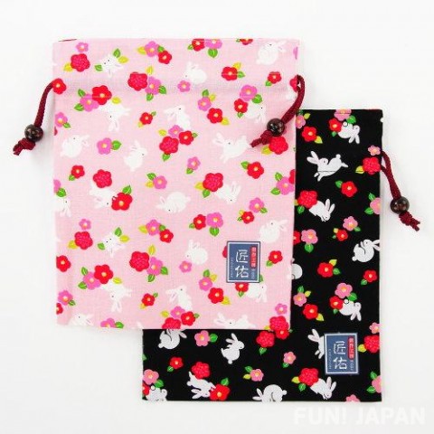 日式風格束口袋：兔子＆山茶花