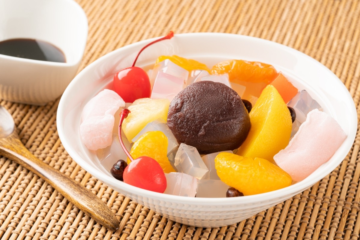 Anmitsu, a Japanese-style parfait with agar jelly and sweet toppings