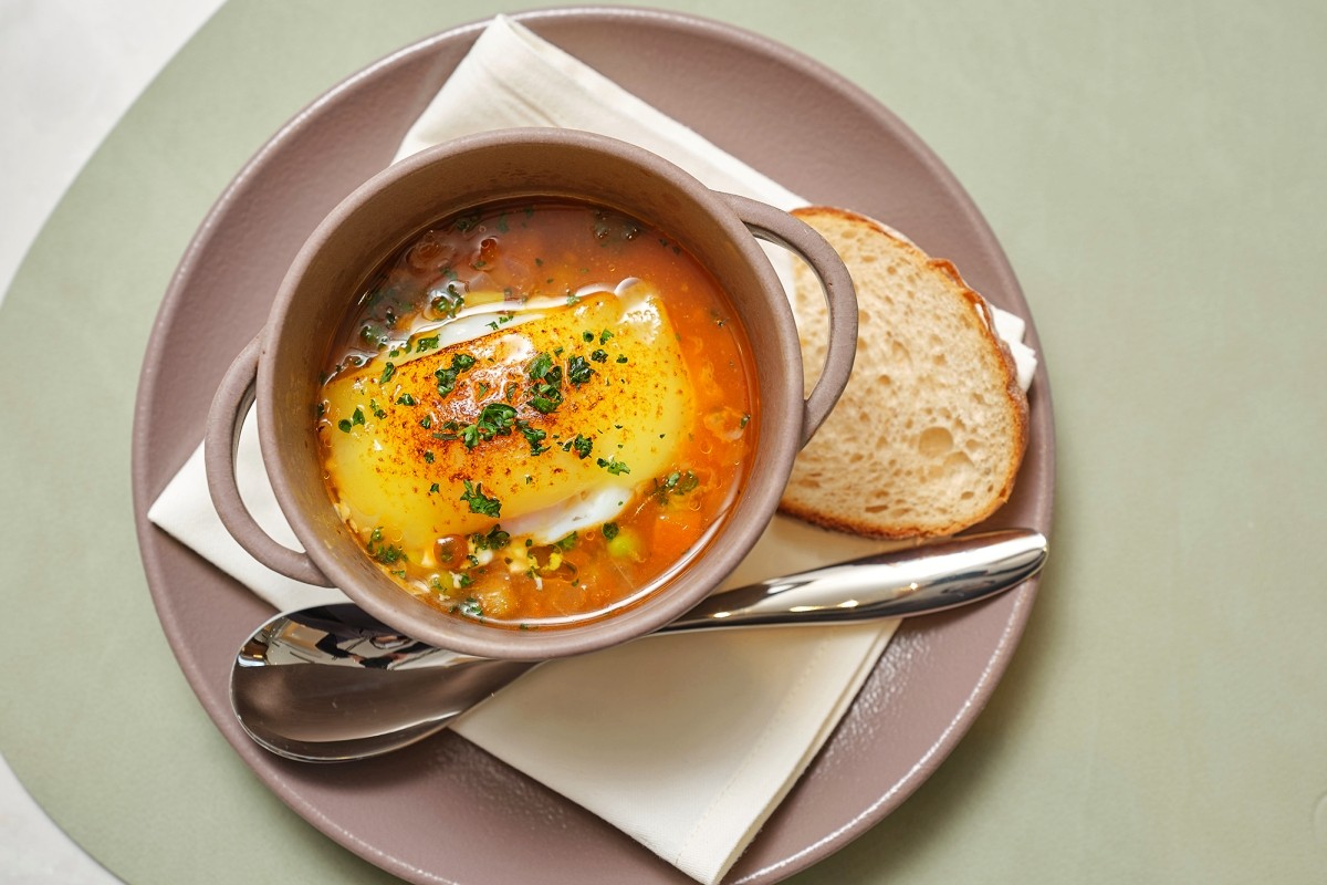 Spinach and Mushroom Egg Cocotte with Minestrone and Baked Cheese
