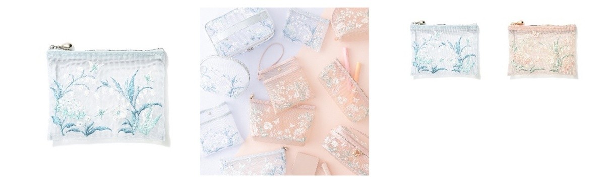 Mesh Embroidery Mini Flat Pouch Light Blue