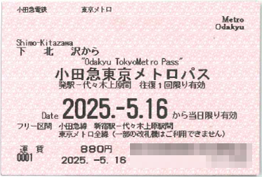 小田急東京メトロパス発 東急線・東京メトロ共通１日乗車券