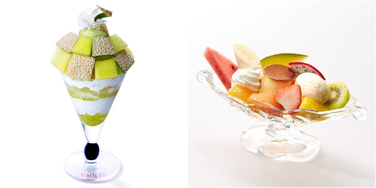 TAKANO FRUITS PARLOR  左： Muskmelon聖代，右：Pudding à la mode