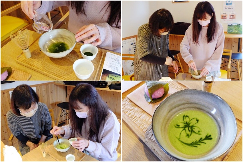 和束茶Cafe可體驗「抹茶繪畫」，以濃茶當作墨水，在自己刷的抹茶上面作畫。