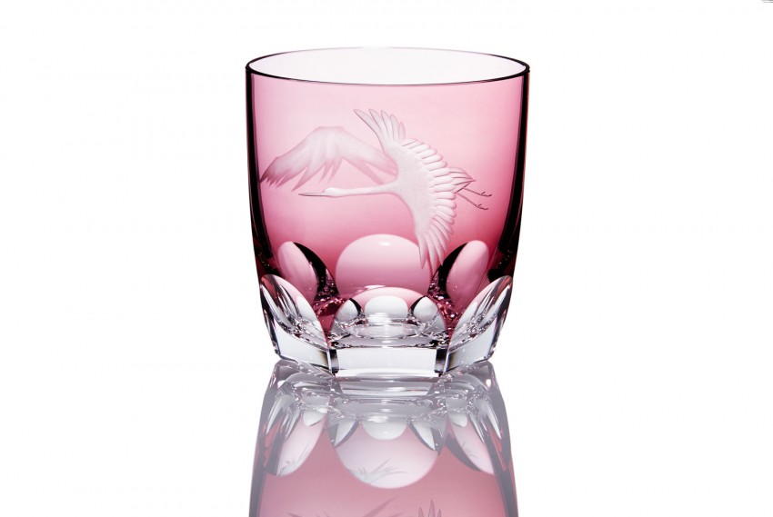 The Crane & Mt. Fuji. Japan’s Traditional Lucky Charm Depicted on a Rocks Glass