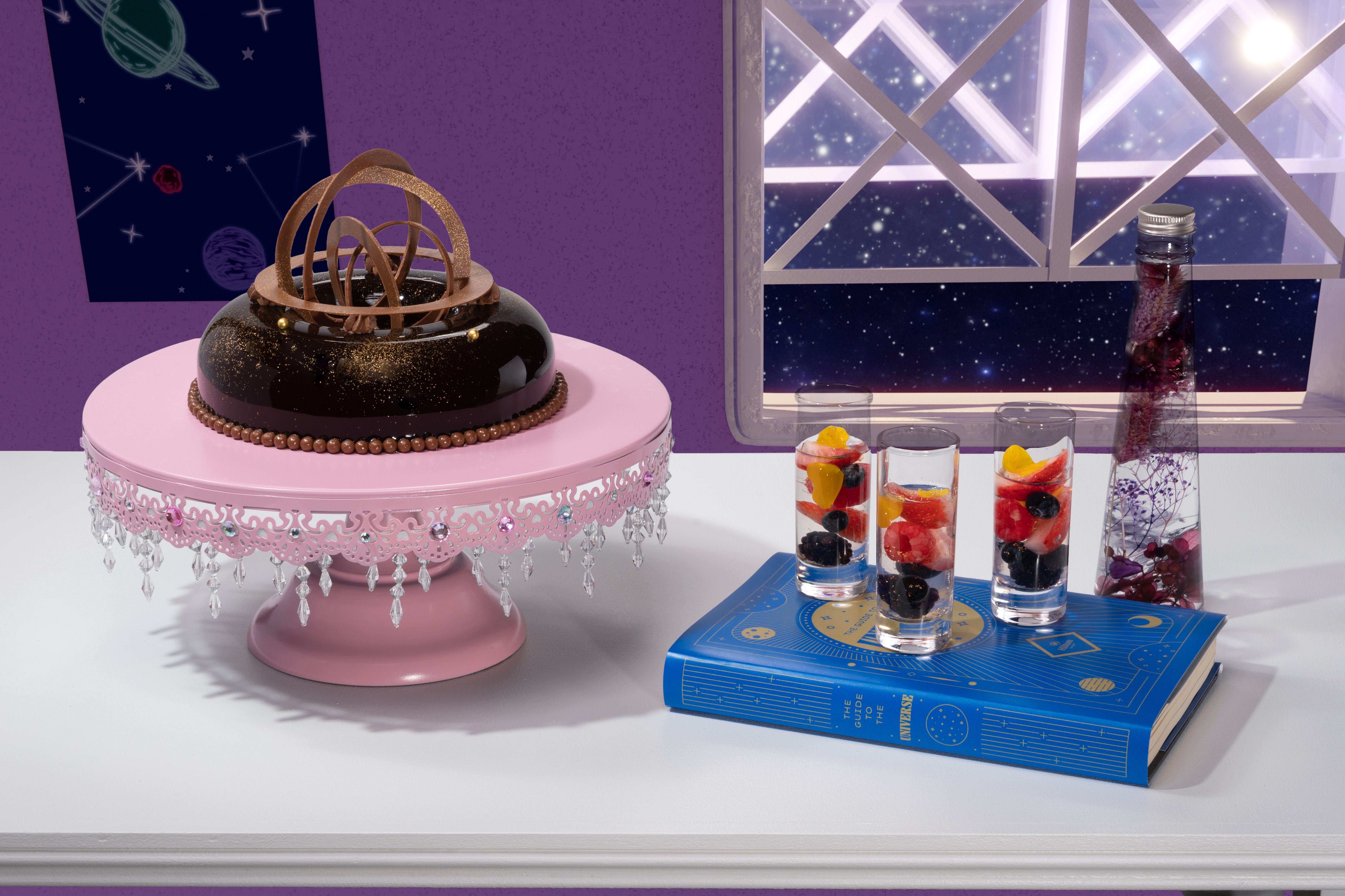 Celestial globe praline chocolate mousse and Mixed berry herbarium jelly